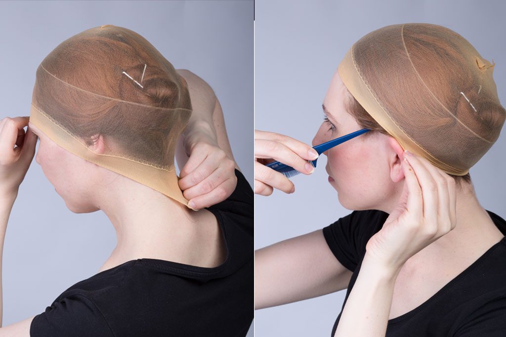 putting on a wig cap