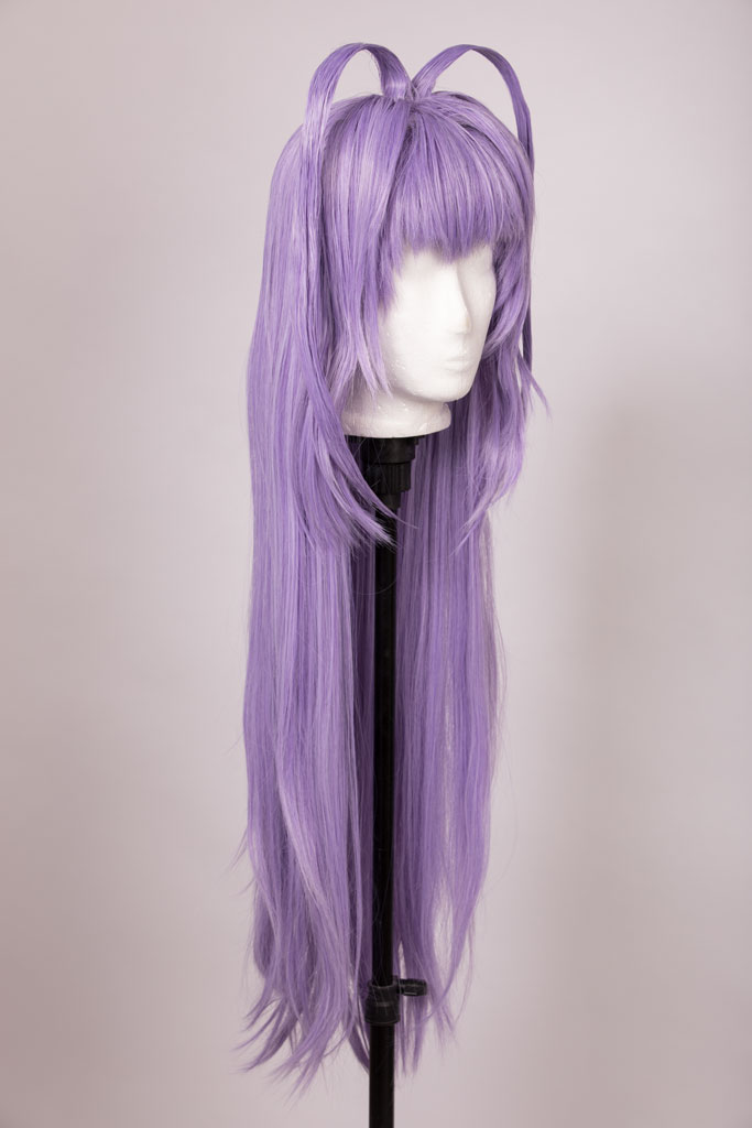lilac wig with bangs and two protruding strands of hair